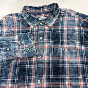 Tommy Bahama Relax Mens 3XLB Acid Wash Plaid Flannel Button Up Shirt Blue Red